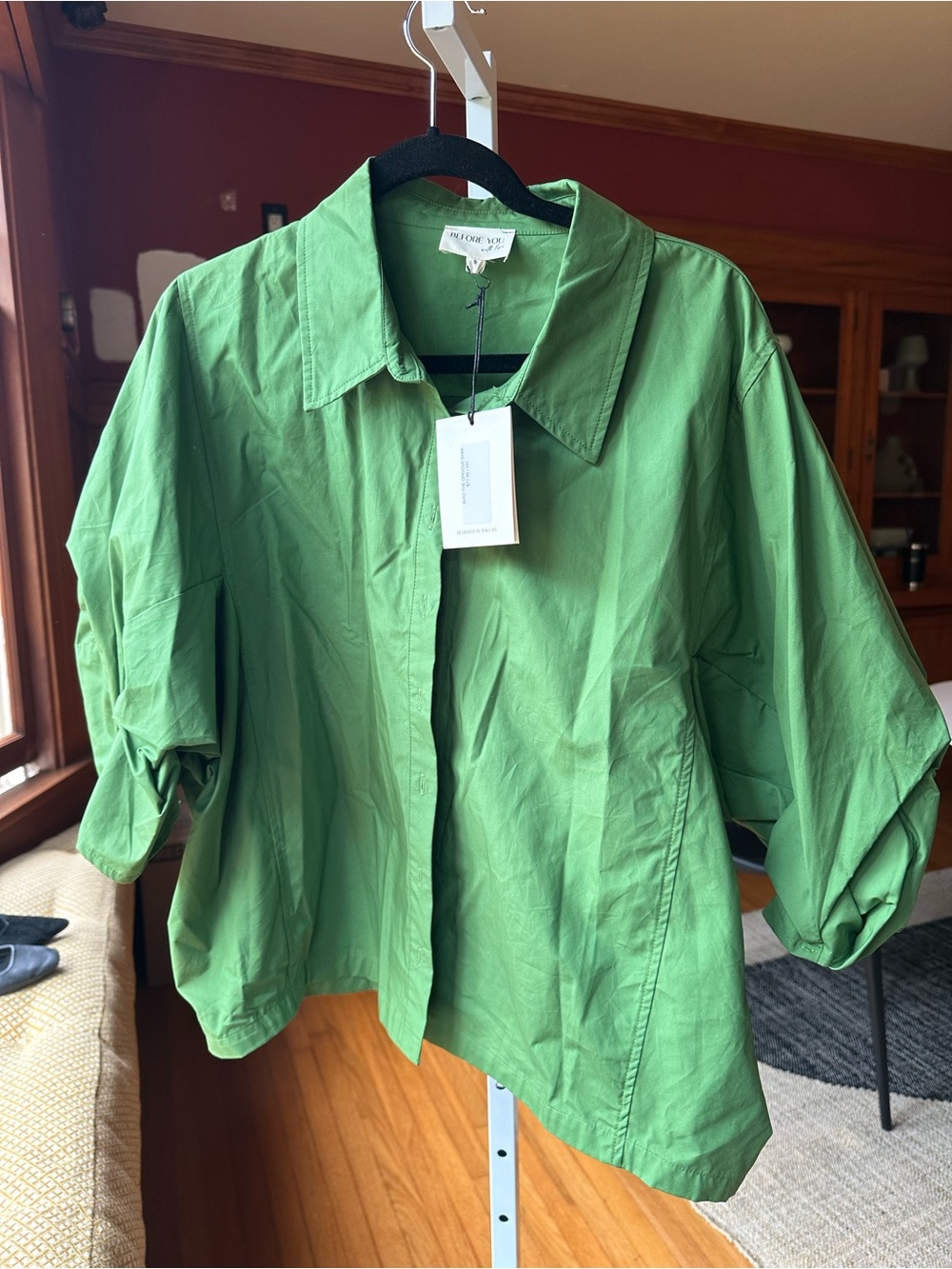 Pleated Green Button-Down Shirt Jacket by before you